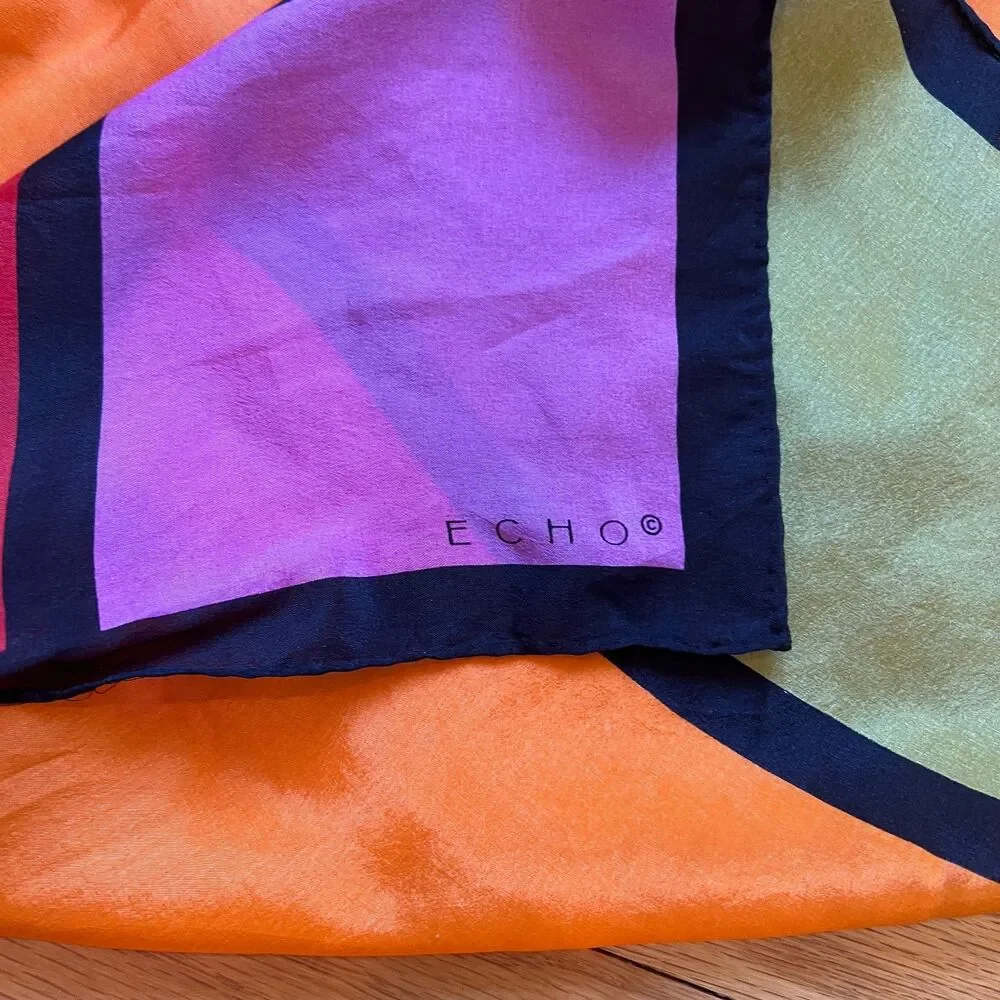Vintage Echo Silk Scarf  Color Block Geometric Square Mondrian Style Mod